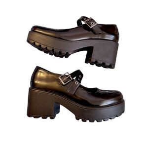 Syechelles Black Patent Chunky Mary Jane Platform Shoes SZ 8 Vegan